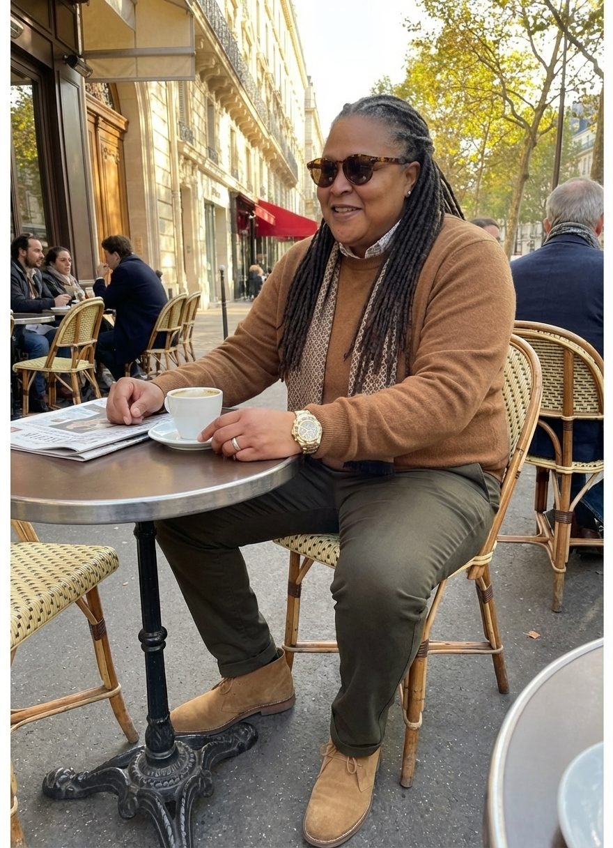 Shannon D. Hunter at an outdoor café table with coffee and a newspaper
