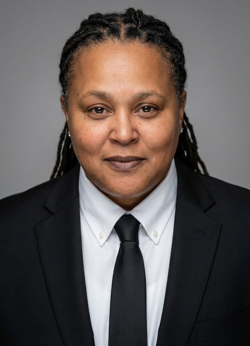 Portrait of Shannon D. Hunter in a black suit and tie