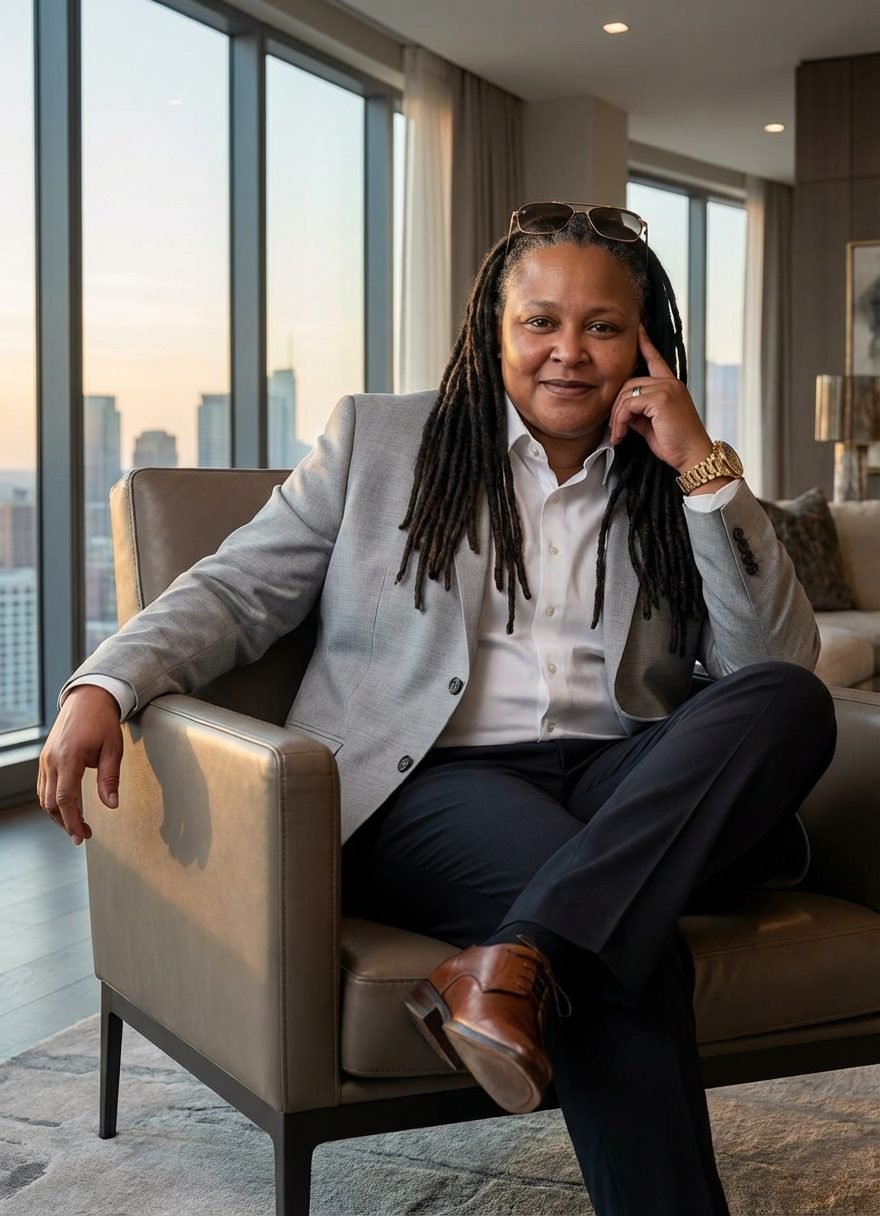 Shannon D. Hunter seated in a light gray blazer in a high-rise office at sunset